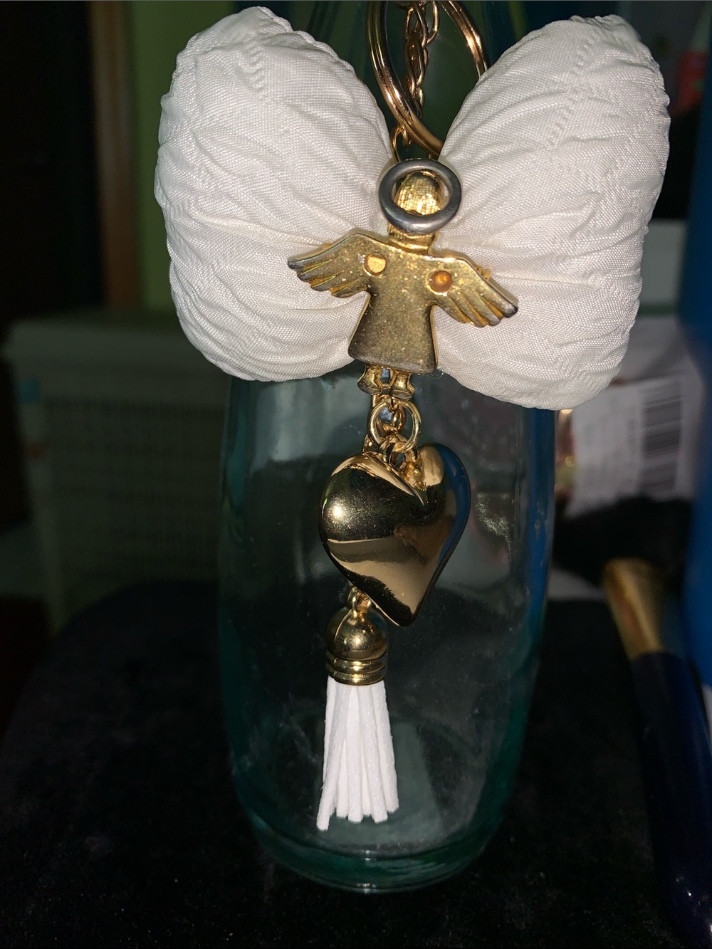 Handmade angel Bow purse/bag charm keychain with heart and tassel